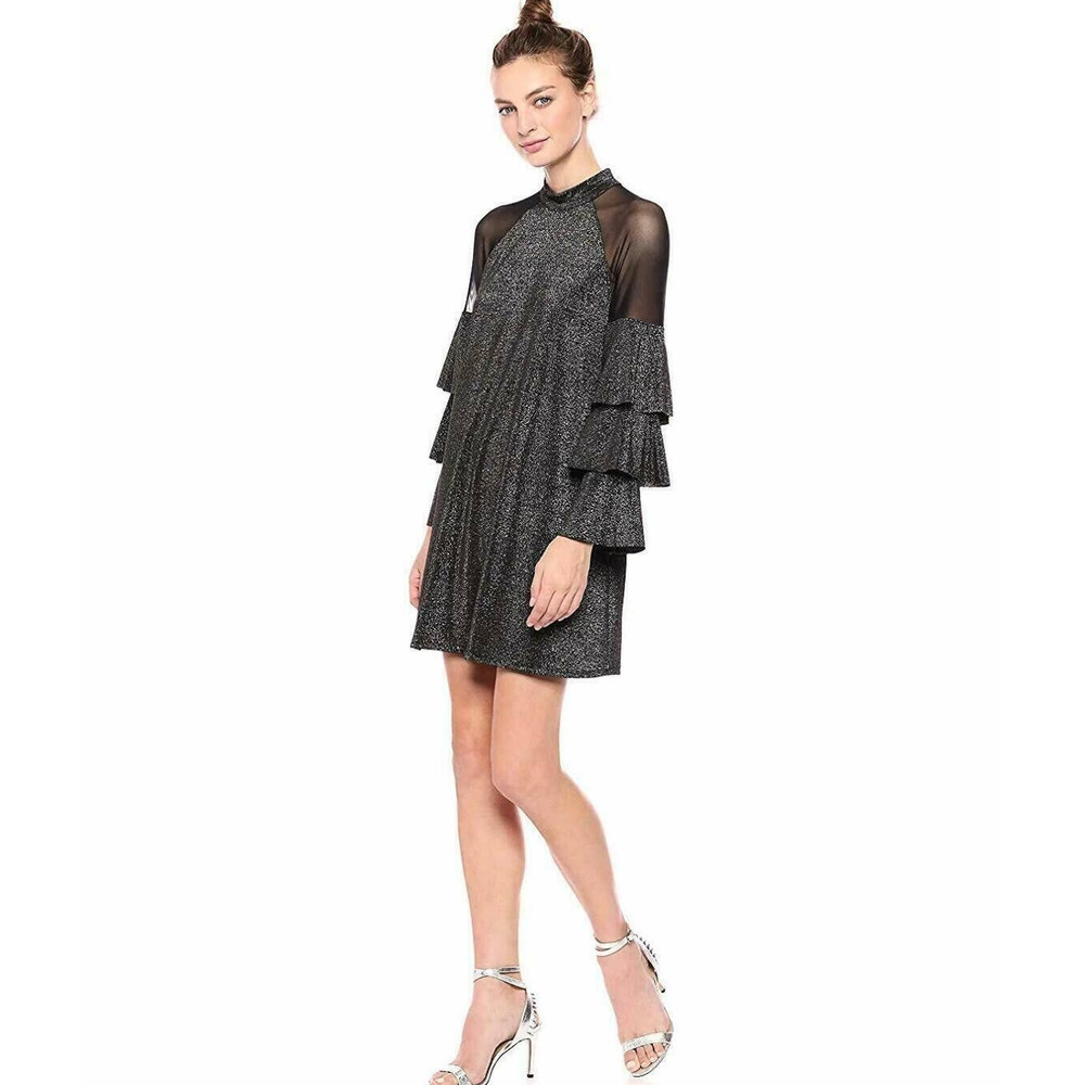 BCBGeneration Tiered Sleeve Mesh Panel Black Metallic Sparkle Dress XS NWT